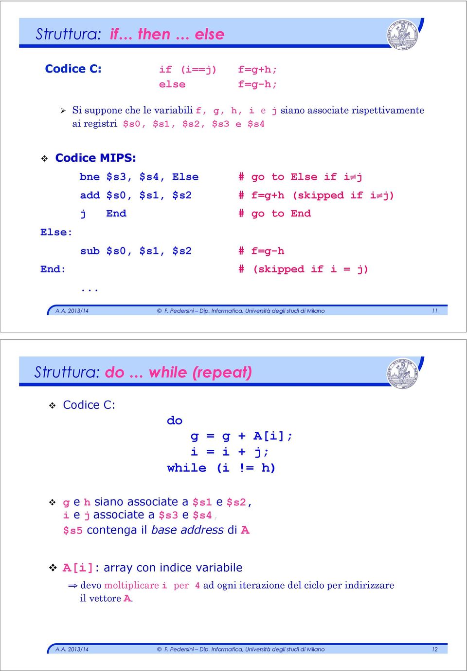 Codice MIPS: bne $s3, $s4, Else # go to Else if i j add $s0, $s1, $s2 # f=g+h (skipped if i j) j End # go to End Else: sub $s0, $s1, $s2 # f=g-h End: # (skipped if