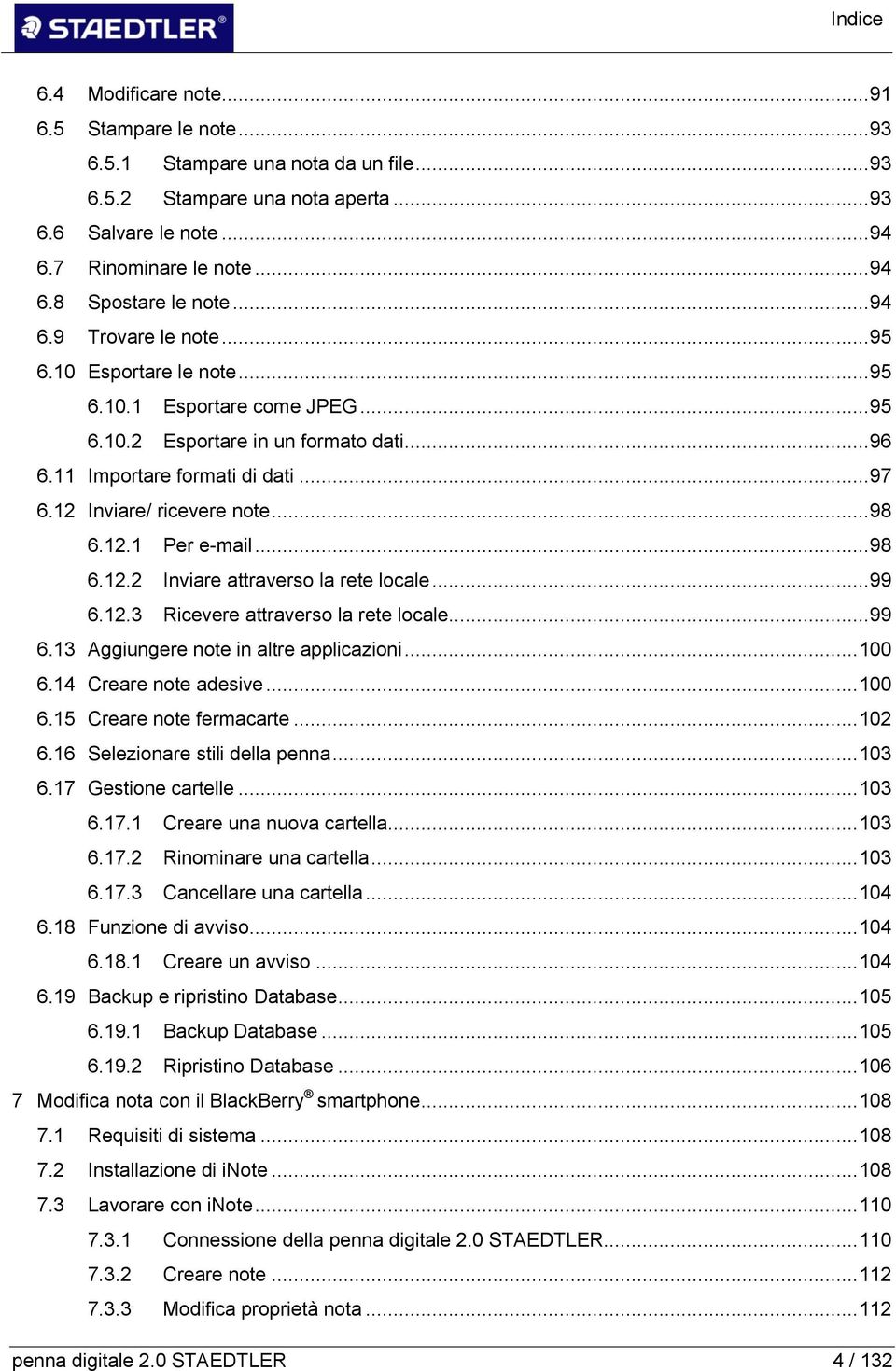 12 Inviare/ ricevere note... 98 6.11 Per e-mail... 98 6.12 Inviare attraverso la rete locale... 99 6.13 Ricevere attraverso la rete locale... 99 6.13 Aggiungere note in altre applicazioni... 100 6.