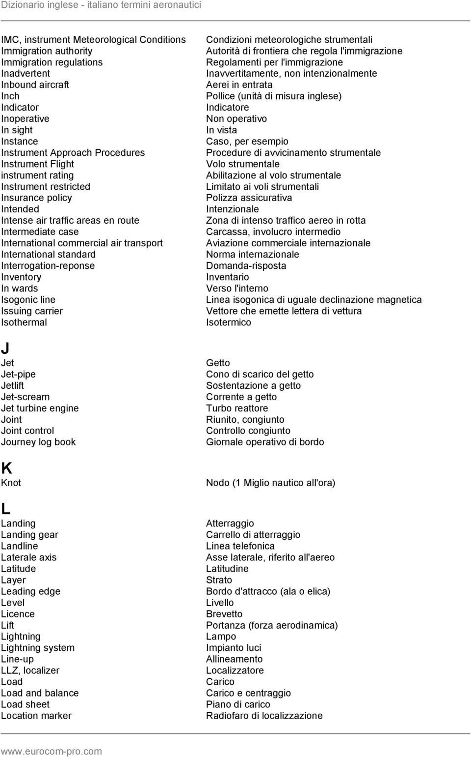 Interrogation-reponse Inventory In wards Isogonic line Issuing carrier Isothermal J Jet Jet-pipe Jetlift Jet-scream Jet turbine engine Joint Joint control Journey log book K Knot Condizioni