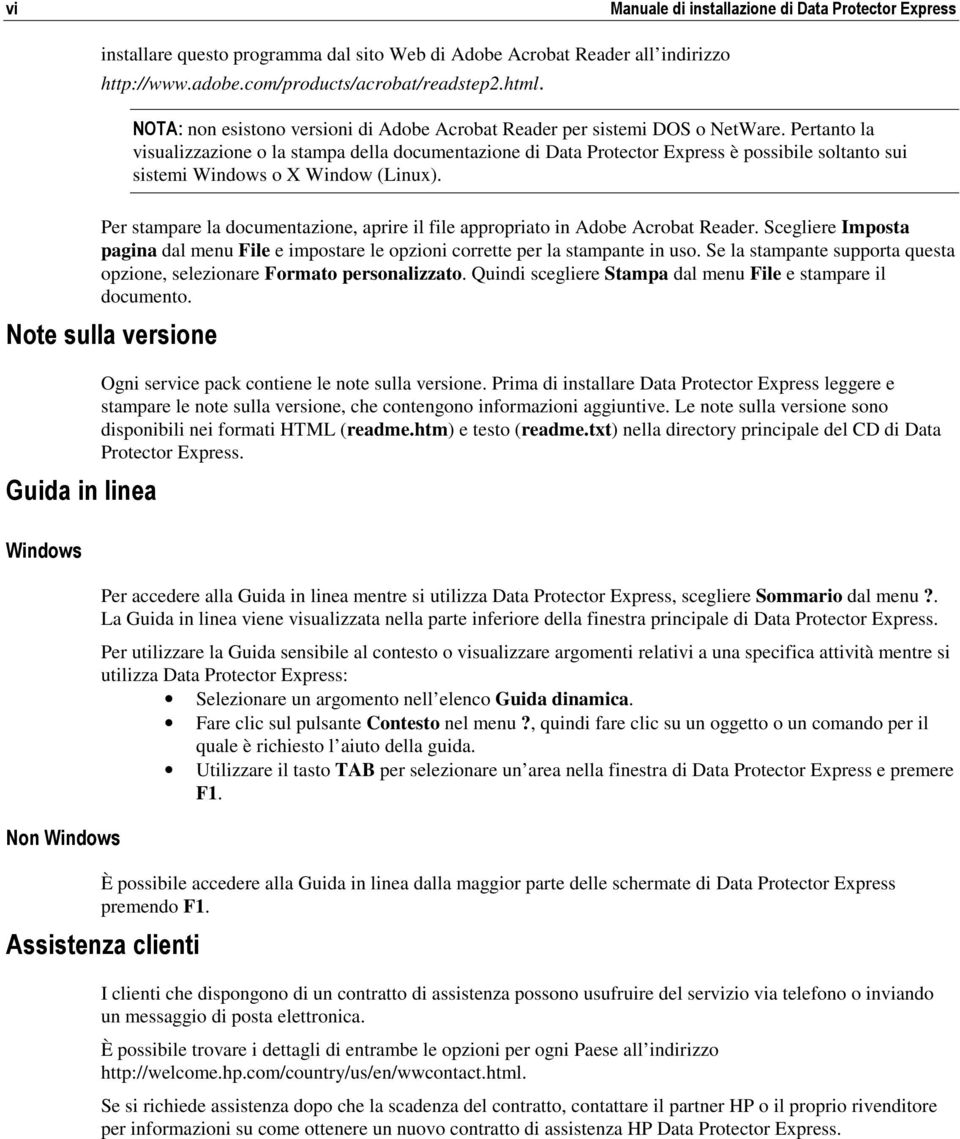 Pertanto la visualizzazione o la stampa della documentazione di Data Protector Express è possibile soltanto sui sistemi Windows o X Window (Linux).