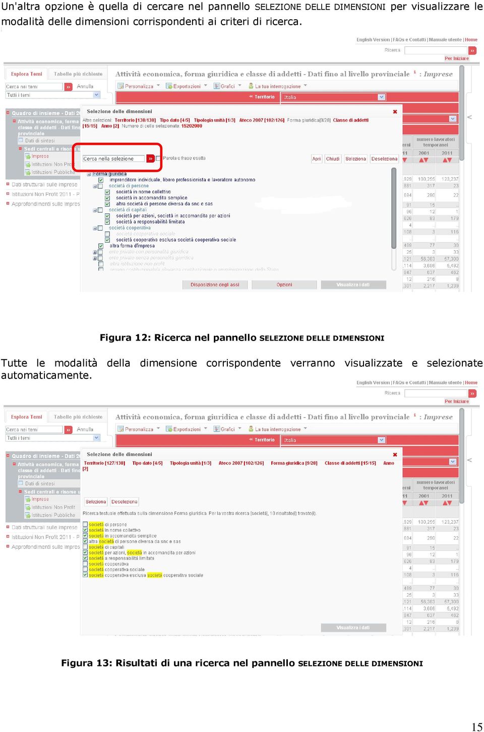 Figura 12: Ricerca nel pannello SELEZIONE DELLE DIMENSIONI Tutte le modalità della dimensione