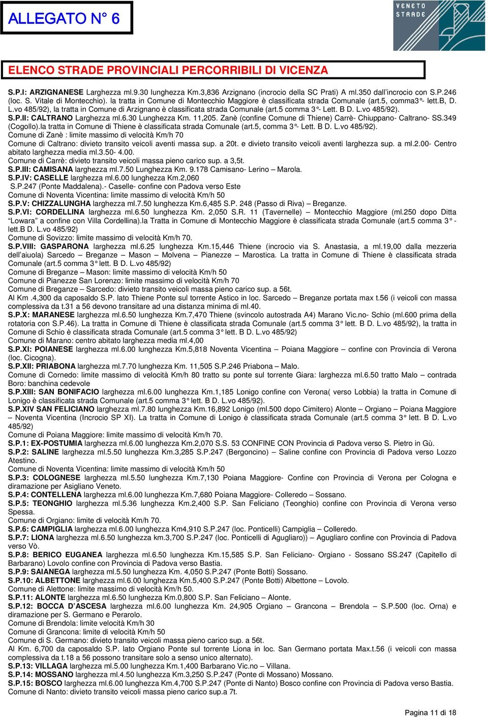 5 comma 3 - Lett. B D. L.vo 485/92). S.P.II: CALTRANO Larghezza ml.6.30 Lunghezza Km. 11,205. Zanè (confine Comune di Thiene) Carrè- Chiuppano- Caltrano- SS.349 (Cogollo).