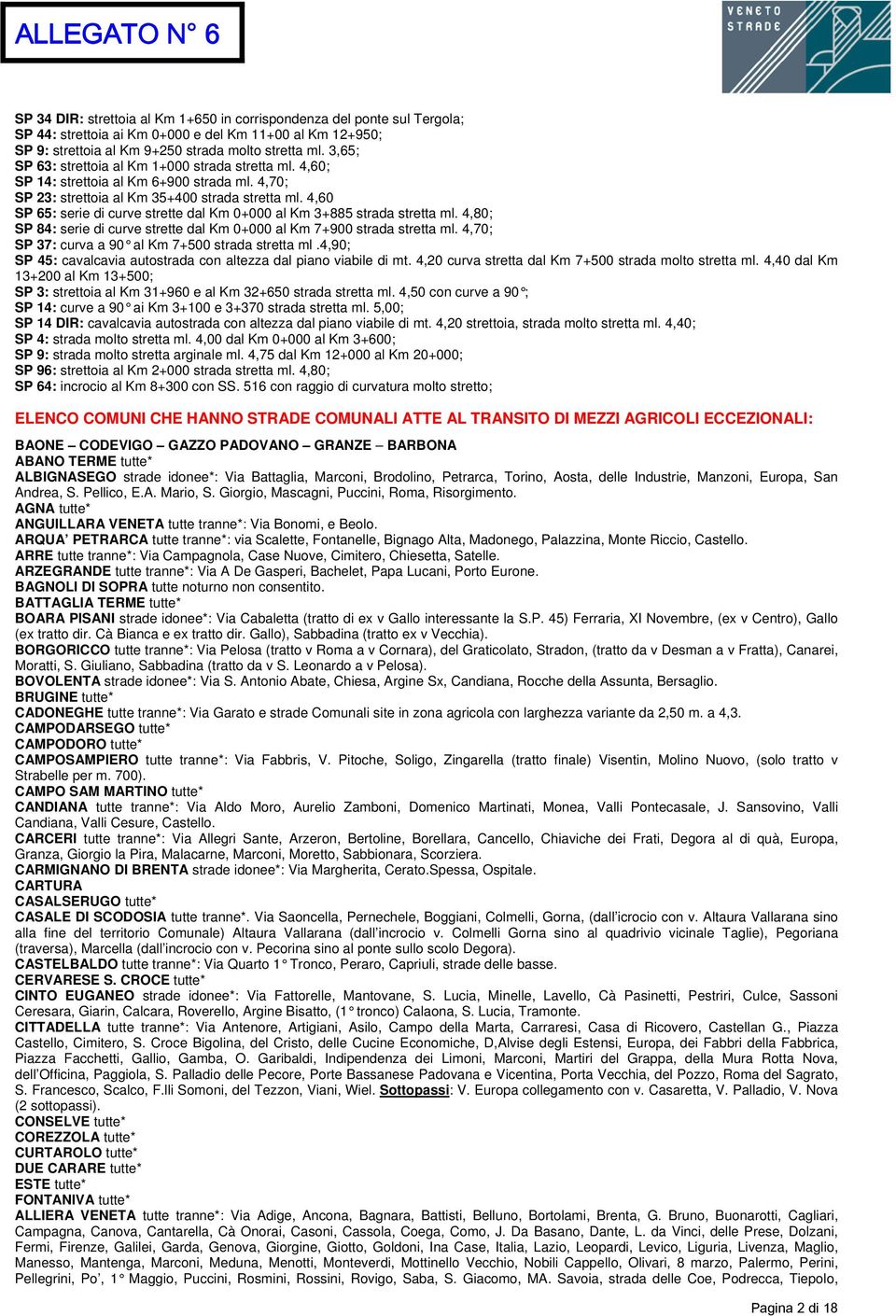 4,60 SP 65: serie di curve strette dal Km 0+000 al Km 3+885 strada stretta ml. 4,80; SP 84: serie di curve strette dal Km 0+000 al Km 7+900 strada stretta ml.