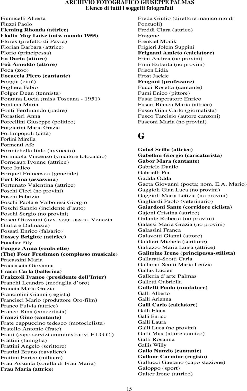 Forcellini Giuseppe (politico) Forgiarini Maria Grazia Forlimpopoli (città) Forlini Mirella Formenti Afo Formichella Italo (avvocato) Formicola Vincenzo (vincitore totocalcio) Forneaux Ivonne