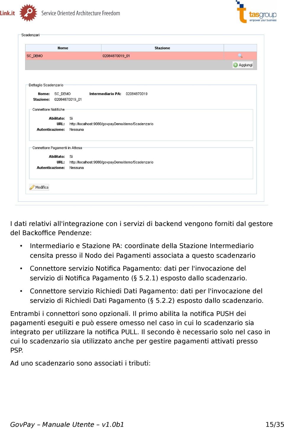 Connettore servizio Richiedi Dati Pagamento: dati per l'invocazione del servizio di Richiedi Dati Pagamento ( 5.2.2) esposto dallo scadenzario. Entrambi i connettori sono opzionali.