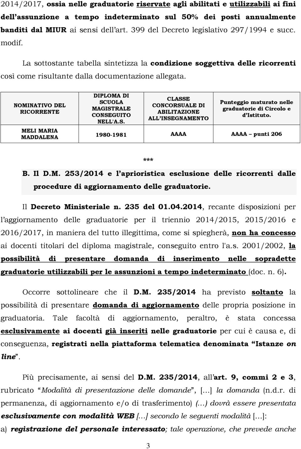 NOMINATIVO DEL RICORRENTE MELI MARIA MADDALENA DIPLOMA DI SCUOLA MAGISTRALE CONSEGUITO NELL'A.S. CLASSE CONCORSUALE DI ABILITAZIONE ALL INSEGNAMENTO Punteggio maturato nelle graduatorie di Circolo e d Istituto.