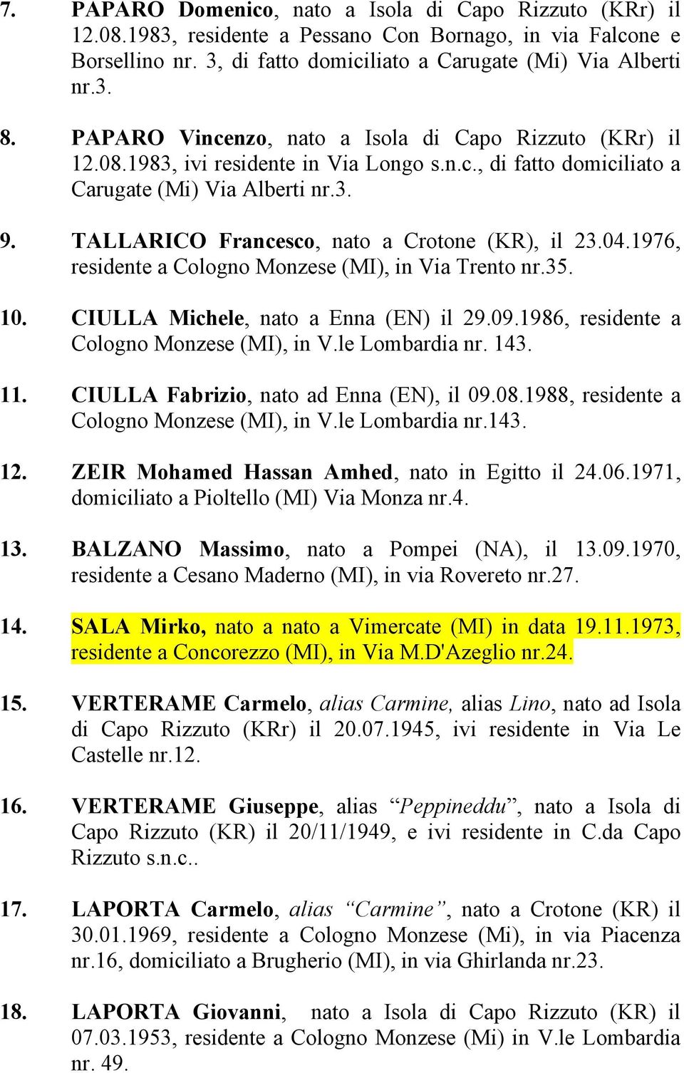 TALLARICO Francesco, nato a Crotone (KR), il 23.04.1976, residente a Cologno Monzese (MI), in Via Trento nr.35. 10. CIULLA Michele, nato a Enna (EN) il 29.09.