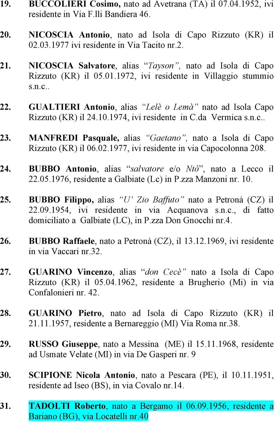 GUALTIERI Antonio, alias Lelè o Lemà nato ad Isola Capo Rizzuto (KR) il 24.10.1974, ivi residente in C.da Vermica s.n.c.. 23. MANFREDI Pasquale, alias Gaetano, nato a Isola di Capo Rizzuto (KR) il 06.