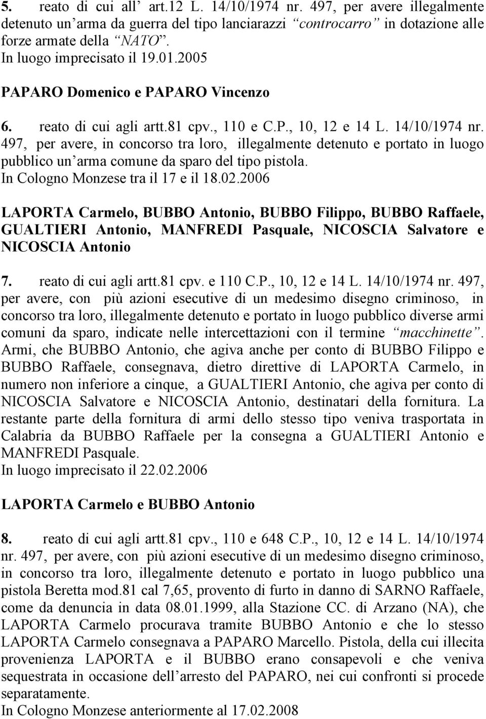 497, per avere, in concorso tra loro, illegalmente detenuto e portato in luogo pubblico un arma comune da sparo del tipo pistola. In Cologno Monzese tra il 17 e il 18.02.