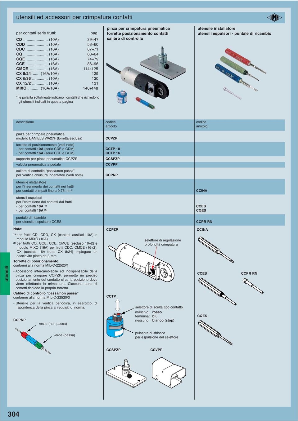 .. (16A/10A) 140 148 * le polarità sottolineate indicano i contatti che richiedono gli indicati in questa pagina pinza per crimpatura pneumatica torrette posizionamento contatti calibro di controllo