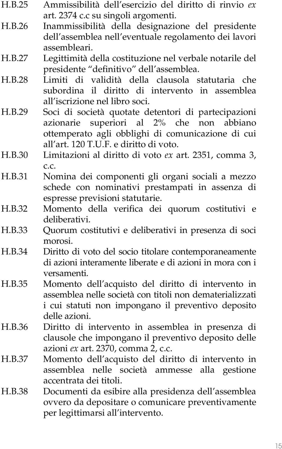 H.B.29 Soci di società quotate detentori di partecipazioni azionarie superiori al 2% che non abbiano ottemperato agli obblighi di comunicazione di cui all art. 120 T.U.F. e diritto di voto. H.B.30 Limitazioni al diritto di voto ex art.