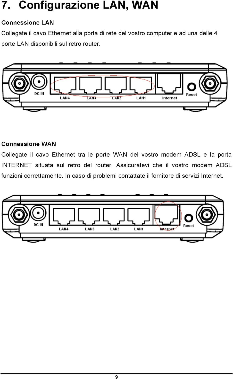 Connessione WAN Collegate il cavo Ethernet tra le porte WAN del vostro modem ADSL e la porta INTERNET