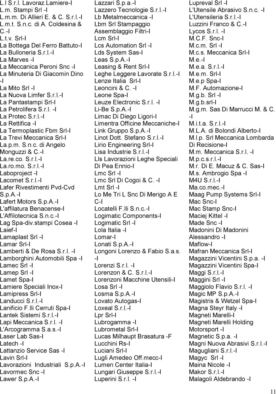 r.l.- Lafer Rivestimenti Pvd-Cvd S.p.A.- Lafert Motors S.p.A.- L'affilatura Benacense- L'Affilotecnica S.n.c.- Lag Spa-div.stampi Cosea - Laief- Lamaplast Srl - Lamar Srl- Lamberti & De Rosa S.r.l. - Lamborghini Automobili Spa - Lamec Srl - Lamep Srl - Lamet Spa- Lamiere Speciali nox- Lamipress Srl- Landucci S.