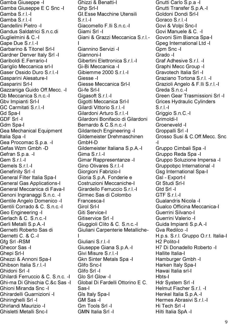 p.a. - Gefas Wzm Gmbh -D Gefran S.p.a. - Gem S.r.l.- Gemels S.r.l.- Genefinity Srl - General Filter talia Spa- General Gas Applications- General Meccanica di Fava- Genoni ngranaggi S.n.c. - Gentile Angelo Domenico - Gentili Corrado & C.