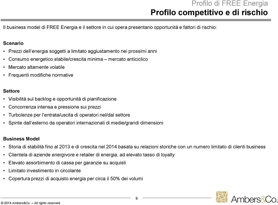 opportunità di pianificazione Concorrenza intensa e pressione sui prezzi Turbolenze per l entrata/uscita di operatori nel/dal settore Spinte dall esterno da operatori internazionali di medie/grandi