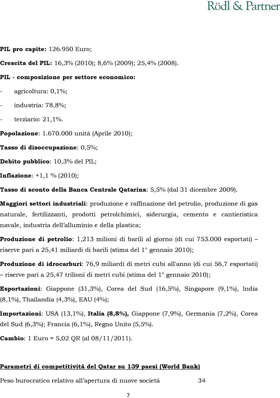 000 unità (Aprile 2010); Tasso di disoccupazione: 0,5%; Debito pubblico: 10,3% del PIL; Inflazione: +1,1 % (2010); Tasso di sconto della Banca Centrale Qatarina: 5,5% (dal 31 dicembre 2009).