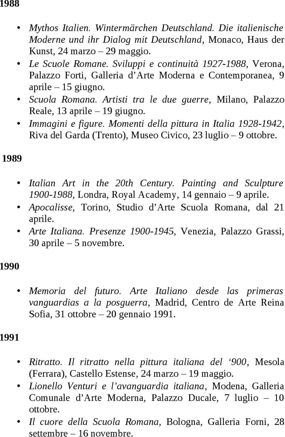 Artisti tra le due guerre, Milano, Palazzo Reale, 13 aprile 19 giugno. Immagini e figure. Momenti della pittura in Italia 1928-1942, Riva del Garda (Trento), Museo Civico, 23 luglio 9 ottobre.