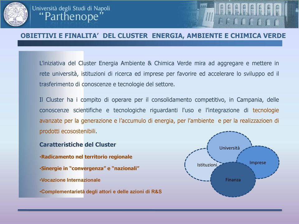 Il Cluster ha i compito di operare per il consolidamento competitivo, in Campania, delle conoscenze scientifiche e tecnologiche riguardanti l'uso e l integrazione di tecnologie avanzate per la