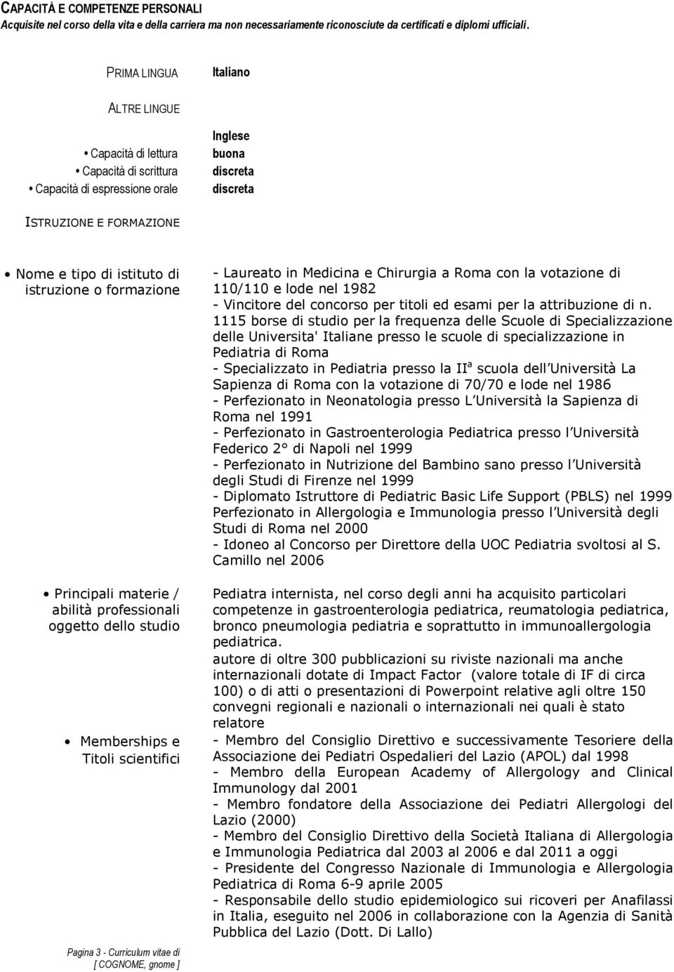 istruzione o formazione Principali materie / abilità professionali oggetto dello studio Memberships e Titoli scientifici Pagina 3 - Curriculum vitae di - Laureato in Medicina e Chirurgia a Roma con