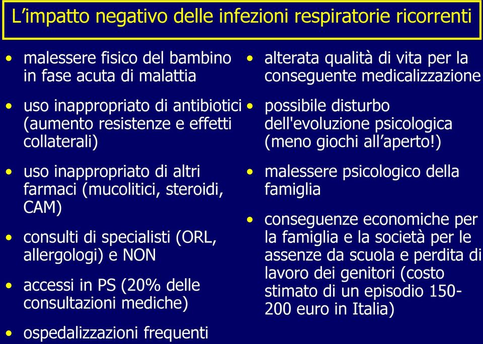 allergologi) e NON accessi in PS (20% delle consultazioni mediche) ospedalizzazioni frequenti possibile disturbo dell'evoluzione psicologica (meno giochi all aperto!