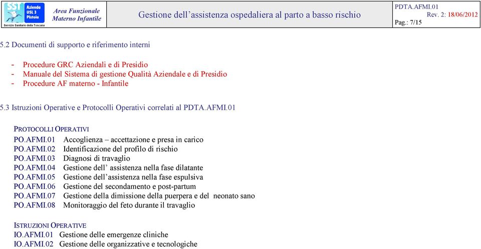 3 Istruzioni Operative e Protocolli Operativi correlati al PROTOCOLLI OPERATIVI PO.AFMI.01 Accoglienza accettazione e presa in carico PO.AFMI.02 Identificazione del profilo di rischio PO.AFMI.03 Diagnosi di travaglio PO.