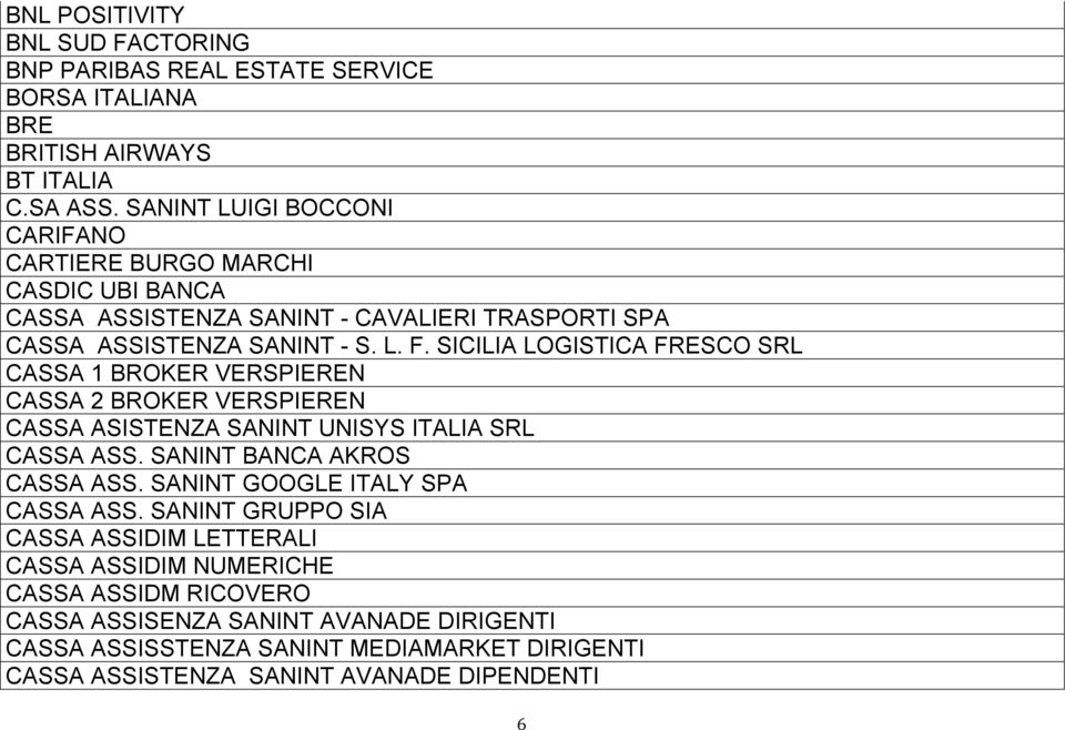 SICILIA LOGISTICA FRESCO SRL CASSA 1 BROKER VERSPIEREN CASSA 2 BROKER VERSPIEREN CASSA ASISTENZA SANINT UNISYS ITALIA SRL CASSA ASS. SANINT BANCA AKROS CASSA ASS.