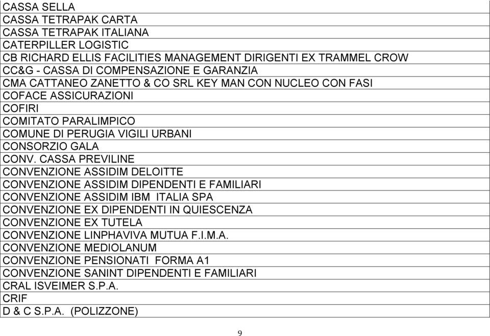 CASSA PREVILINE CONVENZIONE ASSIDIM DELOITTE CONVENZIONE ASSIDIM DIPENDENTI E FAMILIARI CONVENZIONE ASSIDIM IBM ITALIA SPA CONVENZIONE EX DIPENDENTI IN QUIESCENZA CONVENZIONE EX