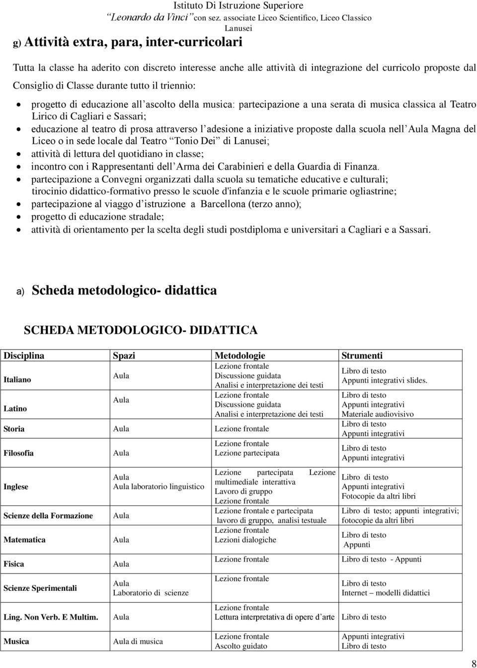 iniziative proposte dalla scuola nell Aula Magna del Liceo o in sede locale dal Teatro Tonio Dei di ; attività di lettura del quotidiano in classe; incontro con i Rappresentanti dell Arma dei