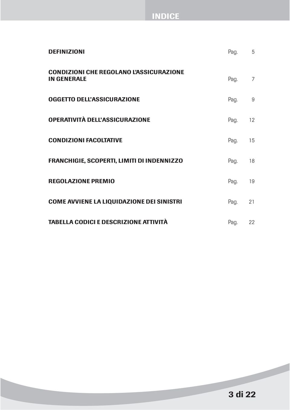 12 CONDIZIONI FACOLTATIVE Pag. 15 FRANCHIGIE, SCOPERTI, LIMITI DI INDENNIZZO Pag.