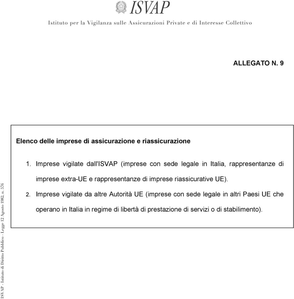 rappresentanze di imprese riassicurative UE). ISVAP - Istituto di Diritto Pubblico - Legge 12 Agosto 1982, n.