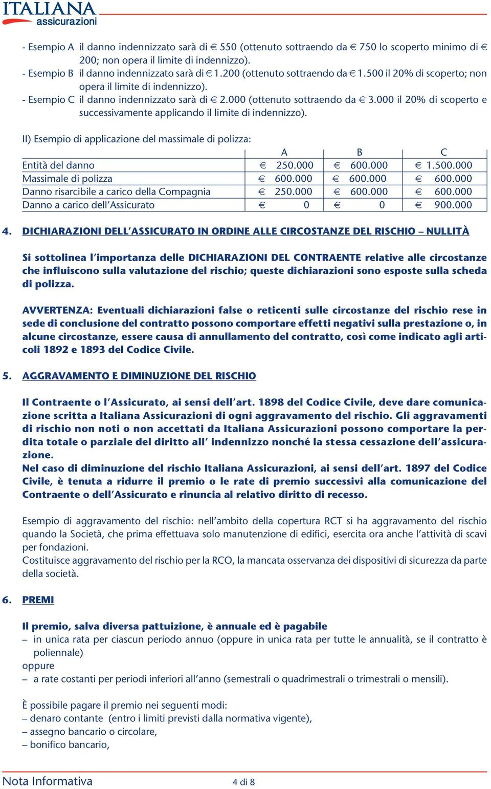 000 il 20% di scoperto e successivamente applicando il limite di indennizzo). II) Esempio di applicazione del massimale di polizza: A B C Entità del danno 250.000 600.000 1.500.