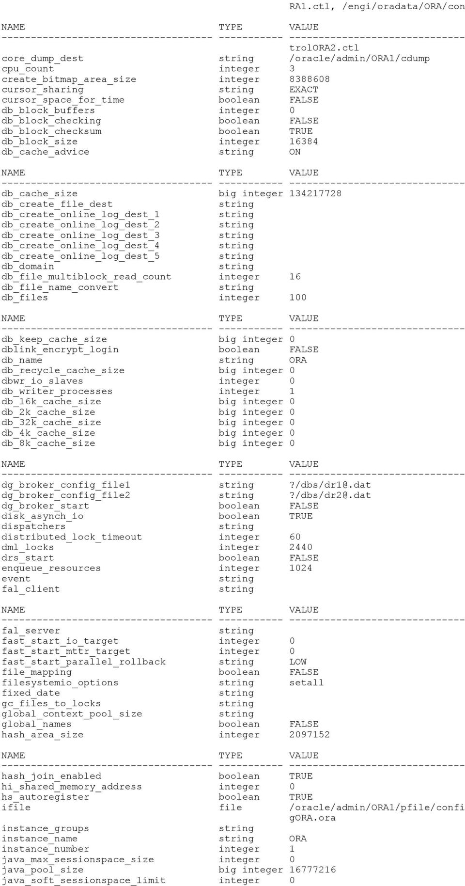 db_block_checking boolean FALSE db_block_checksum boolean TRUE db_block_size integer 16384 db_cache_advice ON db_cache_size big integer 134217728 db_create_file_dest db_create_online_log_dest_1