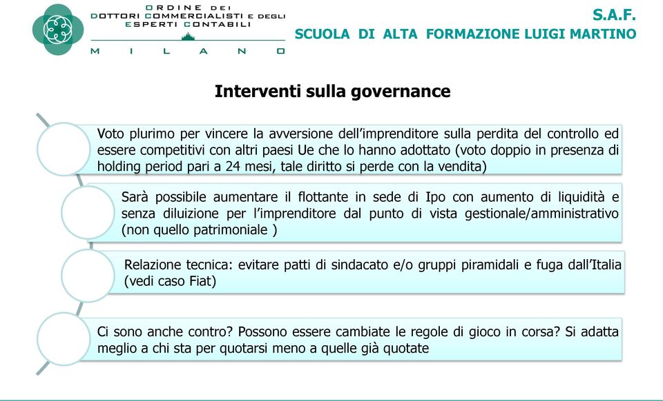 senza diluizione per l imprenditore dal punto di vista gestionale/amministrativo (non quello patrimoniale ) Relazione tecnica: evitare patti di sindacato e/o gruppi piramidali