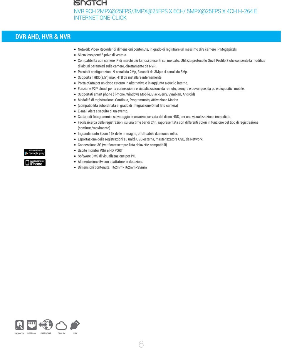 Compatibilità con camere IP di marchi più famosi presenti sul mercato. Utilizza protocollo Onvif Profilo S che consente la modifica di alcuni parametri sulle camere, direttamente da NVR.