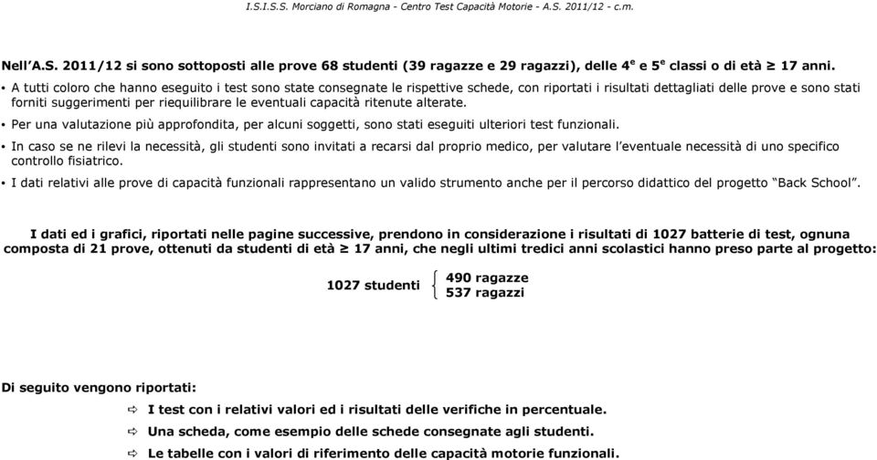 capacità ritenute alterate. Per una valutazione più approfondita, per alcuni soggetti, sono stati eseguiti ulteriori test funzionali.