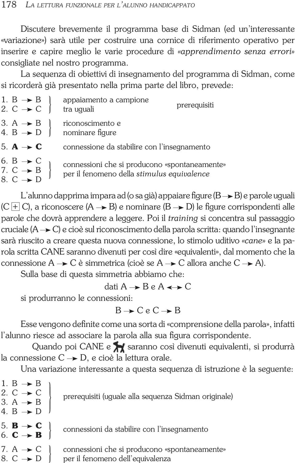 La sequenza di obiettivi di insegnamento del programma di Sidman, come si ricorderà già presentato nella prima parte del libro, prevede: 1. B B appaiamento a campione 2. C C tra uguali 3.