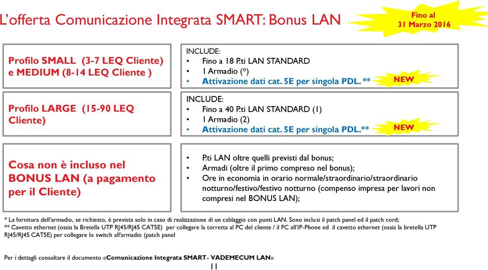 ti LAN oltre quelli previsti dal bonus; Armadi (oltre il primo compreso nel bonus); Ore in economia in orario normale/straordinario/straordinario notturno/festivo/festivo notturno (compenso impresa