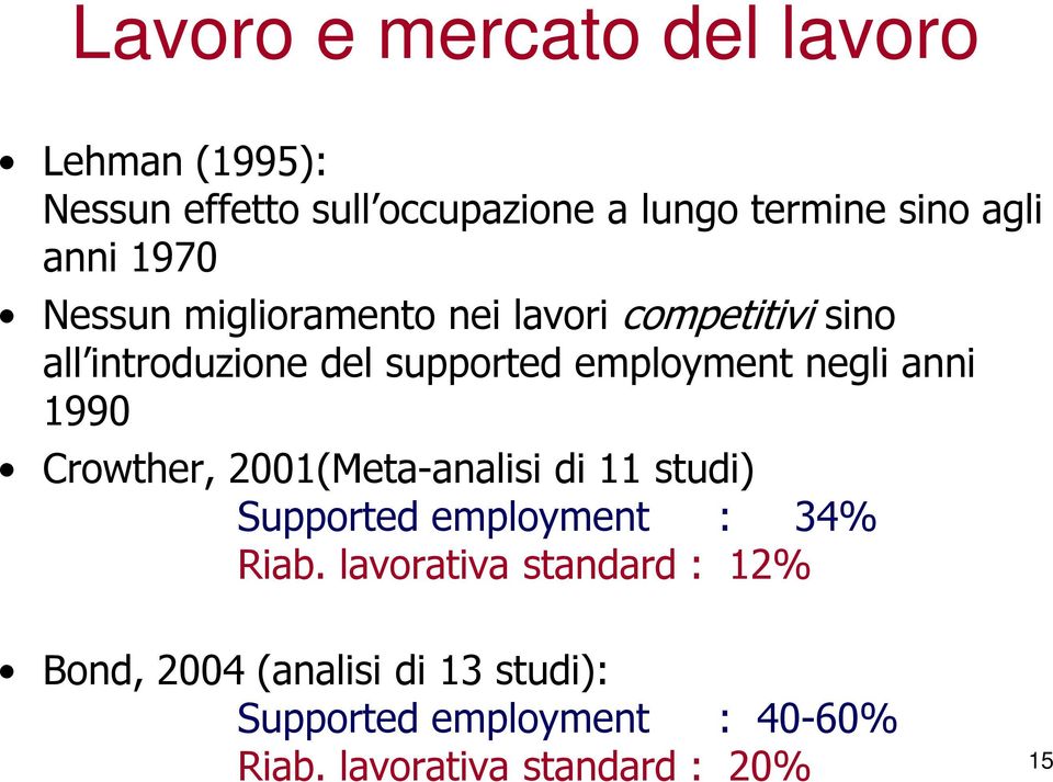 negli anni 1990 Crowther, 2001(Meta-analisi di 11 studi) Supported employment : 34% Riab.