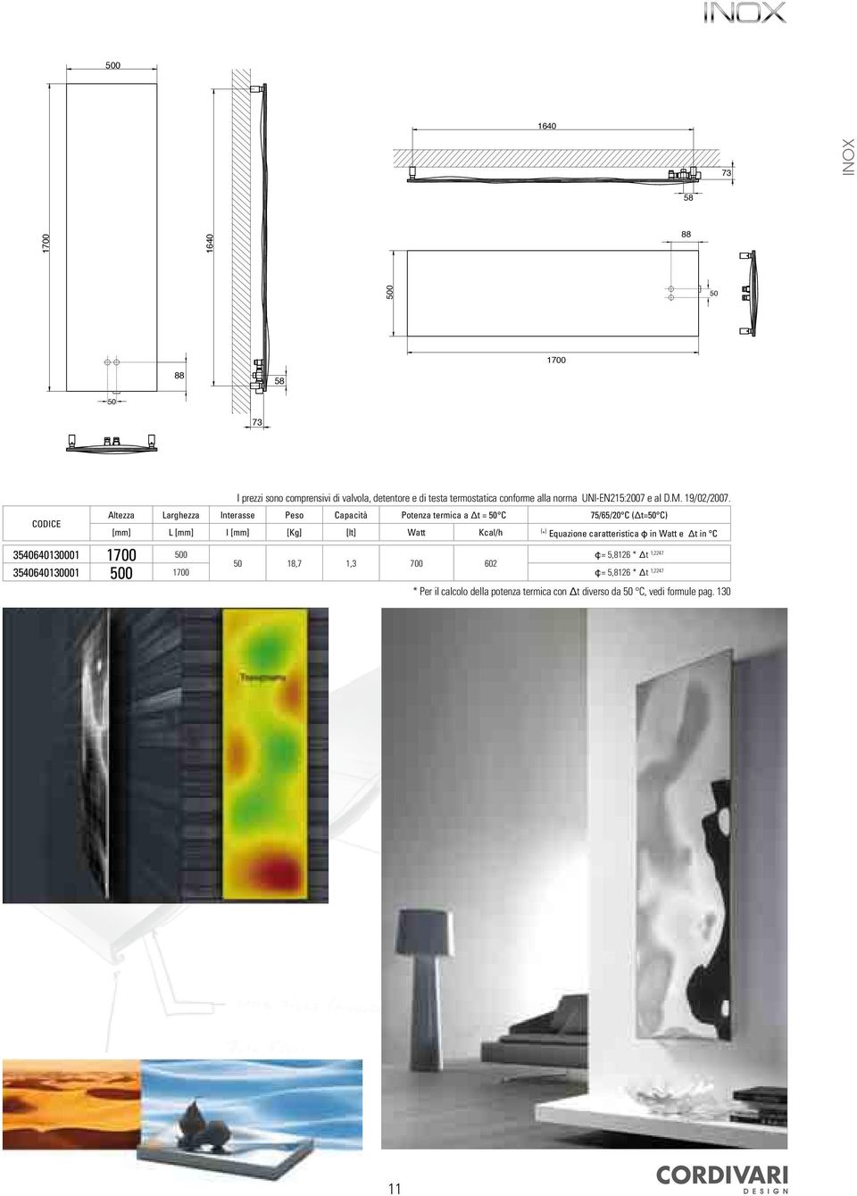 Altezza Larghezza Interasse Peso Capacità Potenza termica a Δt = 50 C 75/65/20 C (Δt=50 C) [mm] L [mm] I [mm] [Kg] [lt] att Kcal/h ( * )