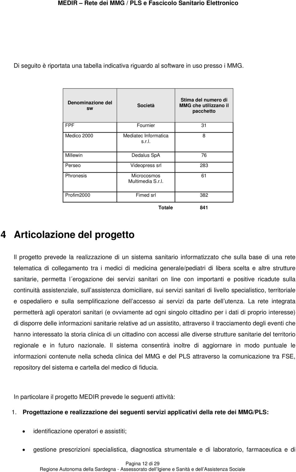 r.l. 61 Profim2000 Fimed srl 382 Totale 841 4 Articolazione del progetto Il progetto prevede la realizzazione di un sistema sanitario informatizzato che sulla base di una rete telematica di