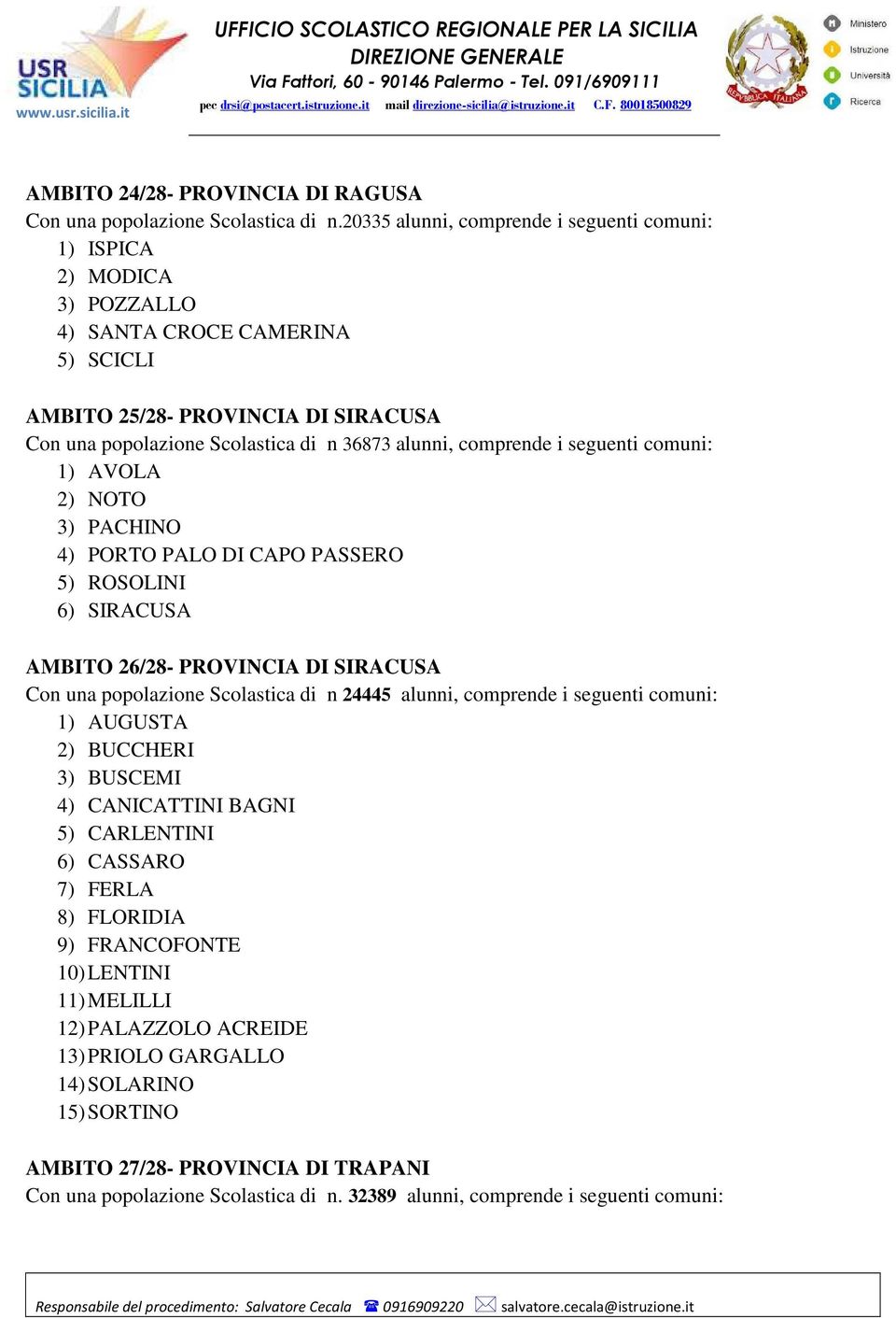 20335 alunni, comprende i seguenti comuni: 1) ISPICA 2) MODICA 3) POZZALLO 4) SANTA CROCE CAMERINA 5) SCICLI AMBITO 25/28- PROVINCIA DI SIRACUSA Con una popolazione Scolastica di n 36873 alunni,