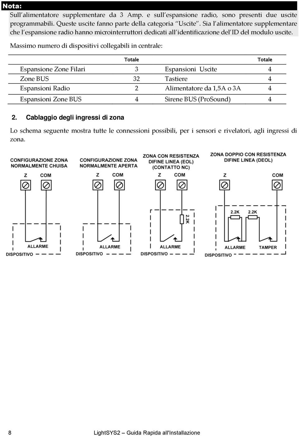 Massimo numero di dispositivi collegabili in centrale: Totale Totale Espansione Zone Filari 3 Espansioni Uscite 4 Zone BU 32 Tastiere 4 Espansioni Radio 2 Alimentatore da