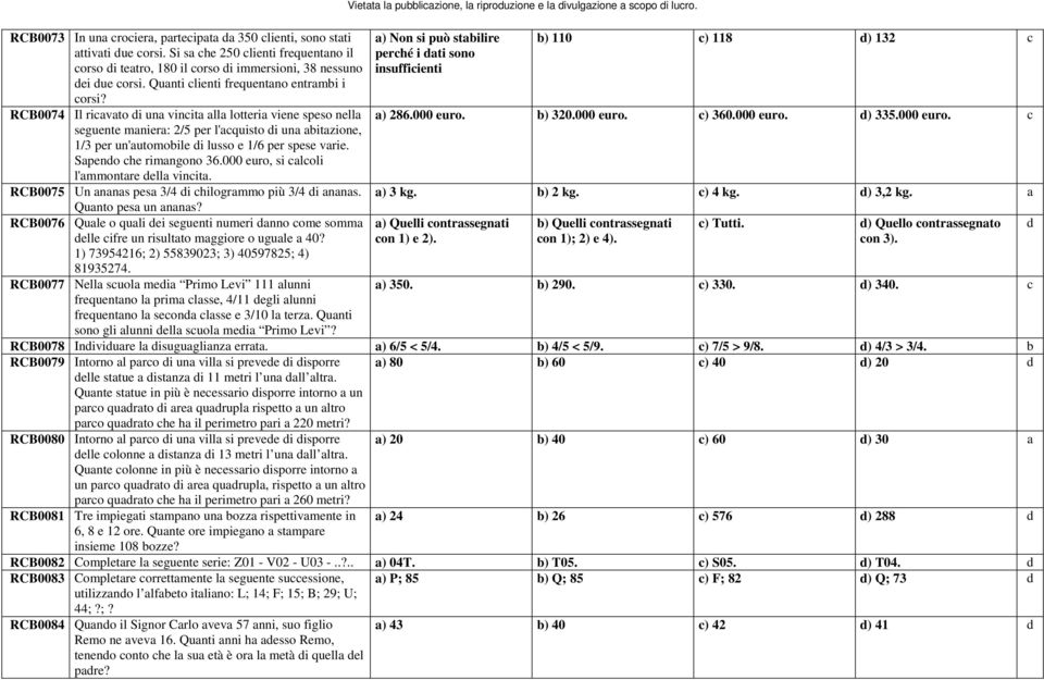 RCB0074 Il ricavato di una vincita alla lotteria viene speso nella seguente maniera: 2/5 per l'acquisto di una abitazione, 1/3 per un'automobile di lusso e 1/6 per spese varie.