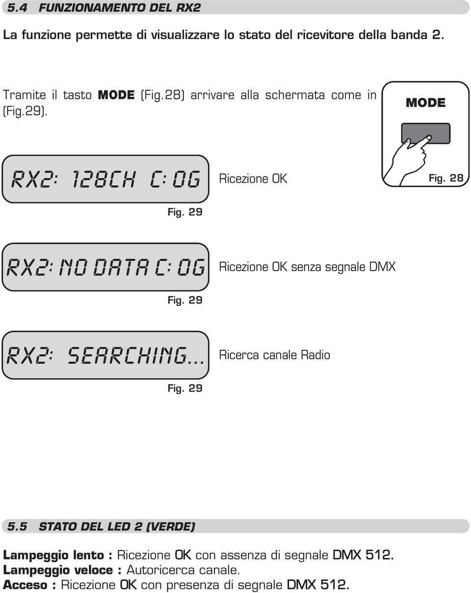 29 Ricezione OK senza segnale DMX rx2: searching... Fig. 29 Ricerca canale Radio 5.