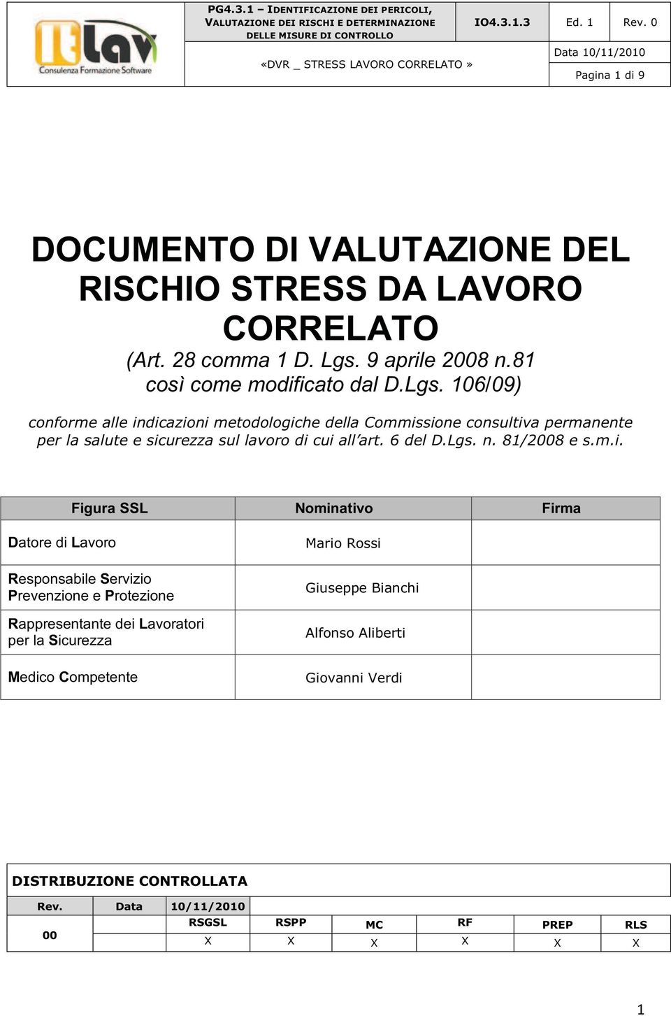 106/09) conforme alle indicazioni metodologiche della Commissione consultiva permanente per la salute e sicurezza sul lavoro di cui all art. 6 del D.Lgs. n.