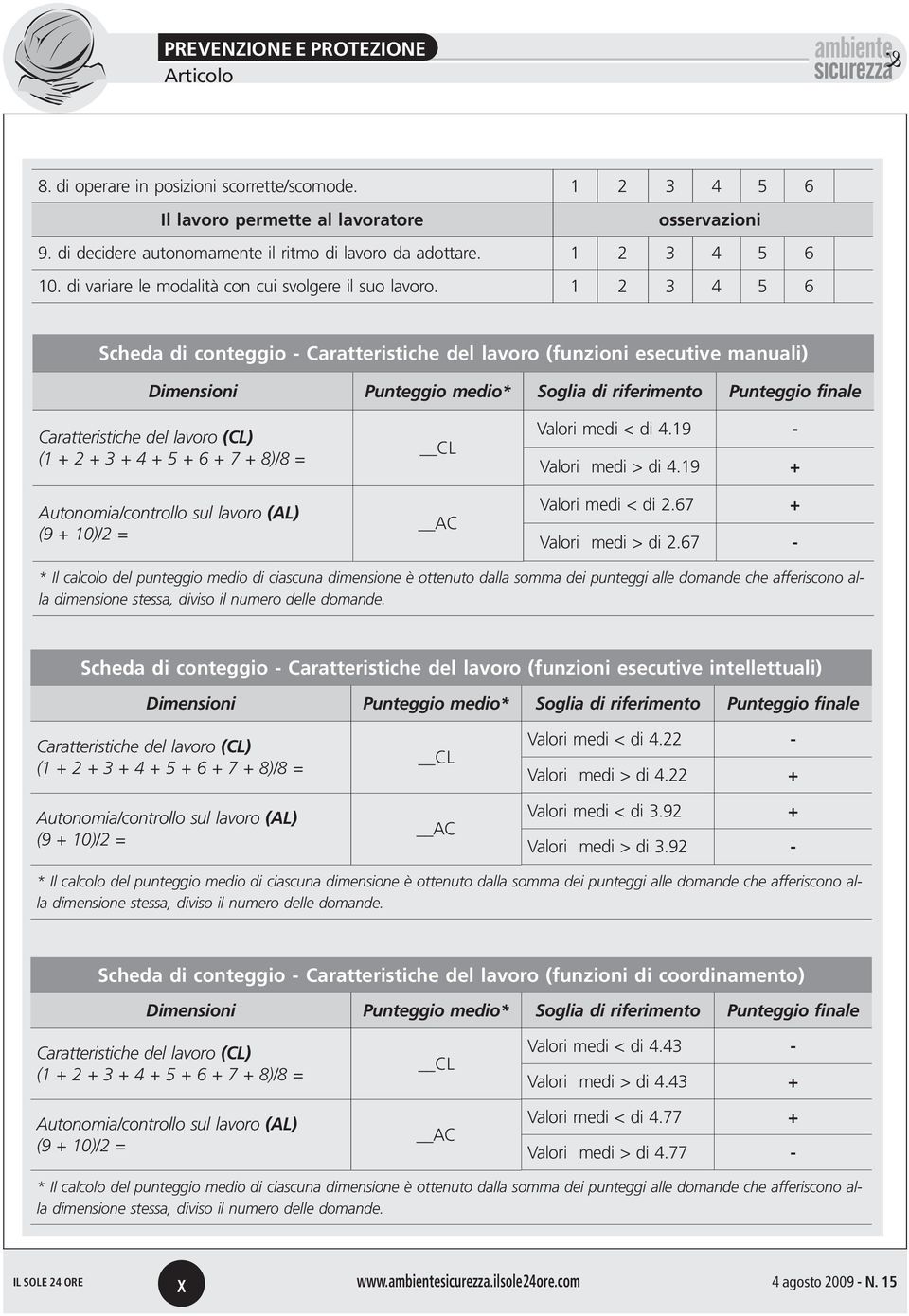 1 2 3 4 5 6 Scheda di conteggio Caratteristiche del lavoro (funzioni esecutive manuali) Dimensioni Punteggio medio* Soglia di riferimento Punteggio finale Caratteristiche del lavoro (CL) (1 + 2 + 3 +