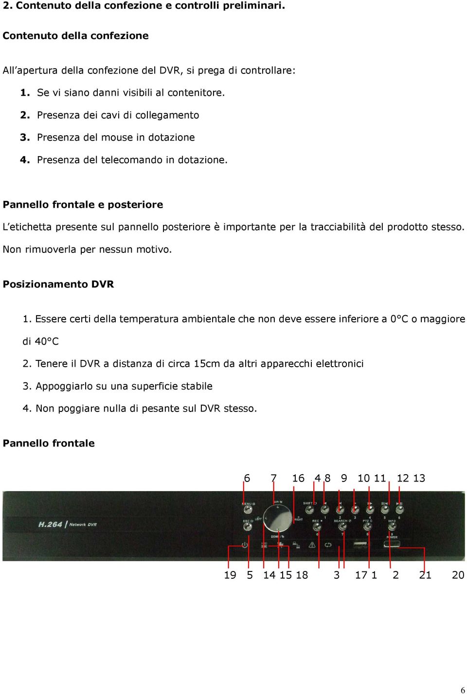 Pannello frontale e posteriore L etichetta presente sul pannello posteriore è importante per la tracciabilità del prodotto stesso. Non rimuoverla per nessun motivo. Posizionamento DVR 1.