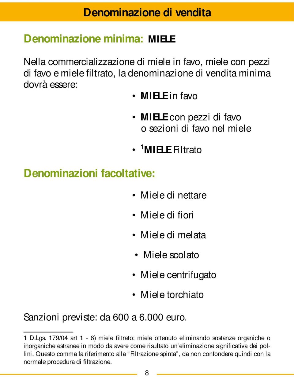 Miele centrifugato Miele torchiato Sanzioni previste: da 600 a 6.000 euro. 1 D.Lgs.