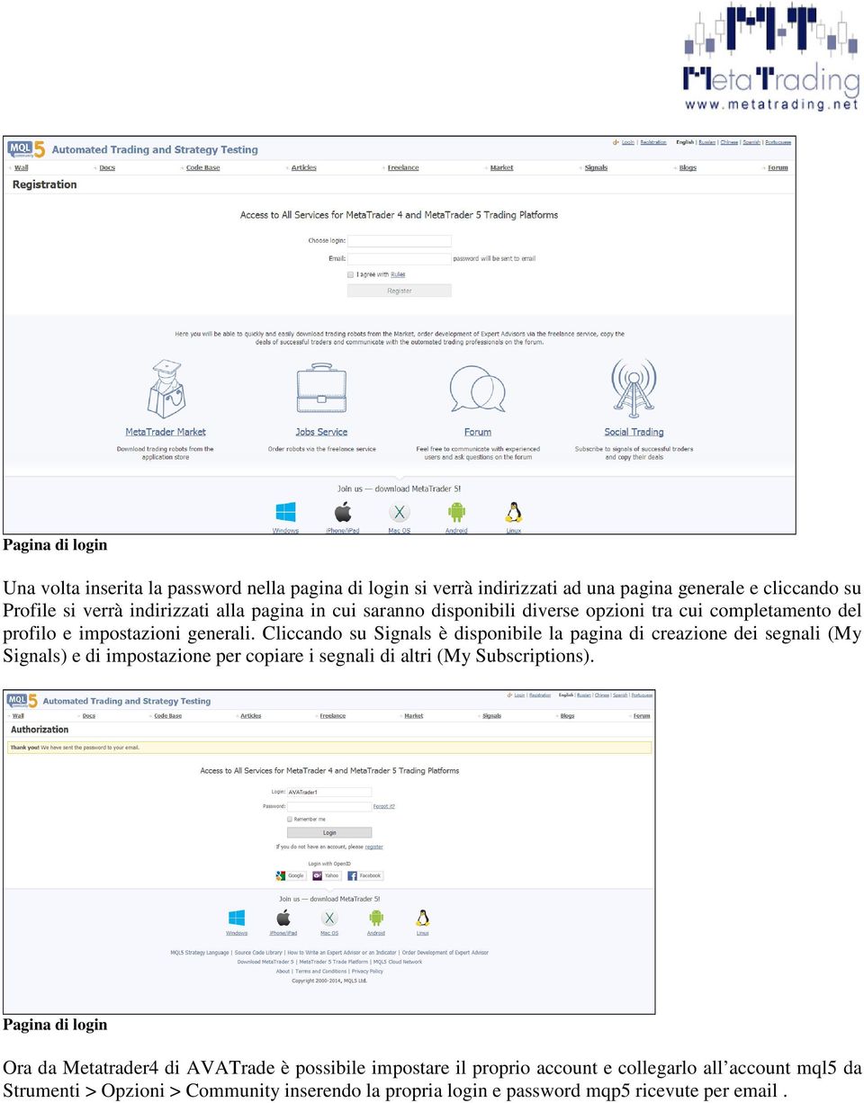 Cliccando su Signals è disponibile la pagina di creazione dei segnali (My Signals) e di impostazione per copiare i segnali di altri (My Subscriptions).