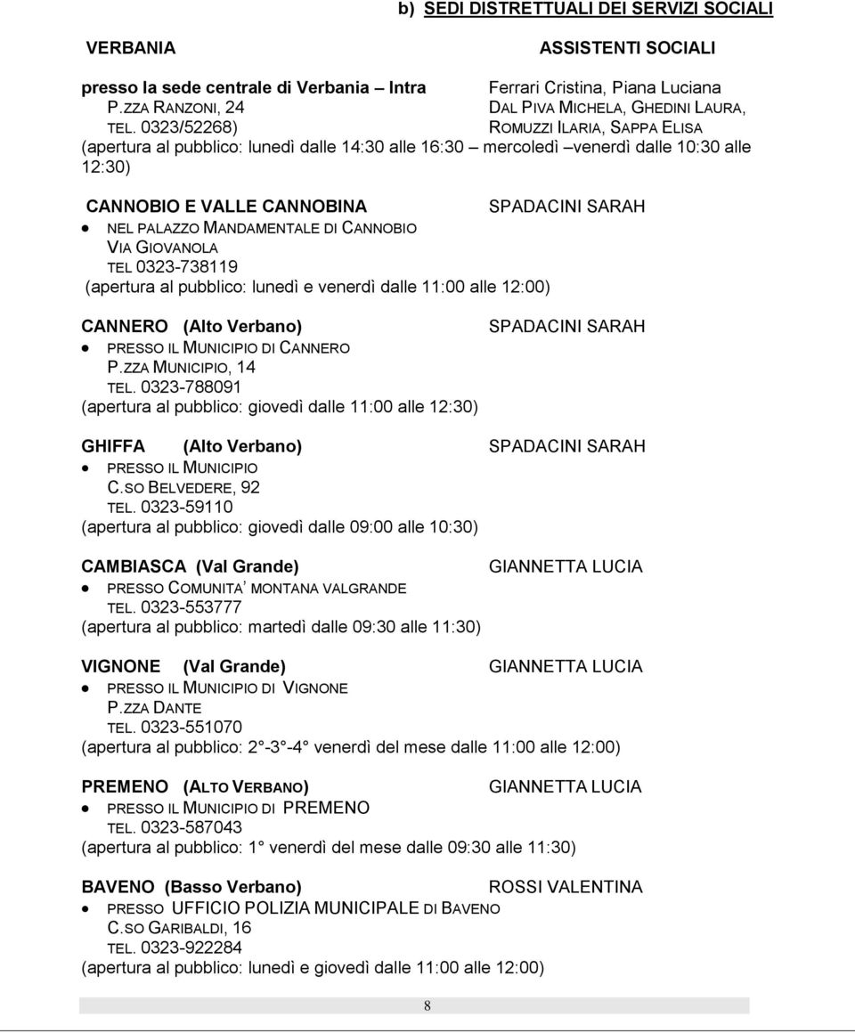 MANDAMENTALE DI CANNOBIO VIA GIOVANOLA TEL 0323-738119 (apertura al pubblico: lunedì e venerdì dalle 11:00 alle 12:00) CANNERO (Alto Verbano) PRESSO IL MUNICIPIO DI CANNERO P.ZZA MUNICIPIO, 14 TEL.